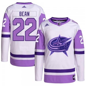Men's Adidas Columbus Blue Jackets Jake Bean White/Purple Hockey Fights Cancer Primegreen Jersey - Authentic