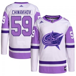 Men's Adidas Columbus Blue Jackets Yegor Chinakhov White/Purple Hockey Fights Cancer Primegreen Jersey - Authentic