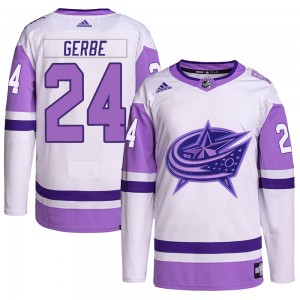 Men's Adidas Columbus Blue Jackets Nathan Gerbe White/Purple Hockey Fights Cancer Primegreen Jersey - Authentic