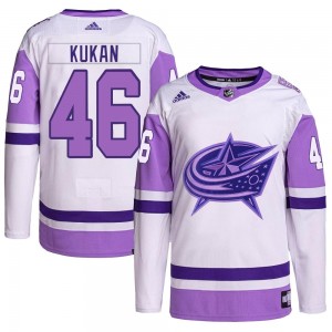 Men's Adidas Columbus Blue Jackets Dean Kukan White/Purple Hockey Fights Cancer Primegreen Jersey - Authentic