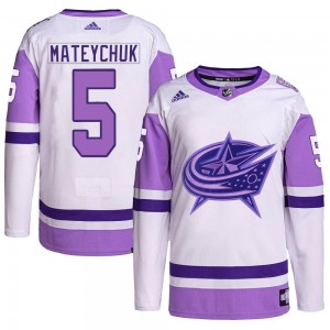 Men's Adidas Columbus Blue Jackets Denton Mateychuk White/Purple Hockey Fights Cancer Primegreen Jersey - Authentic
