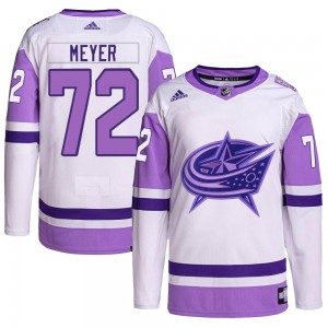Men's Adidas Columbus Blue Jackets Carson Meyer White/Purple Hockey Fights Cancer Primegreen Jersey - Authentic