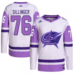 Men's Adidas Columbus Blue Jackets Owen Sillinger White/Purple Hockey Fights Cancer Primegreen Jersey - Authentic