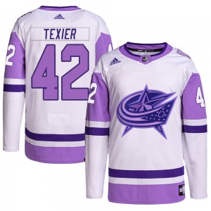 Men's Adidas Columbus Blue Jackets Alexandre Texier White/Purple Hockey Fights Cancer Primegreen Jersey - Authentic