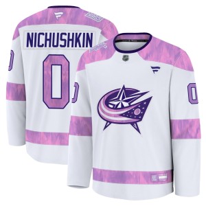 Men's Fanatics Columbus Blue Jackets Valeri Nichushkin White 2024 Hockey Fights Cancer Practice Jersey - Premium